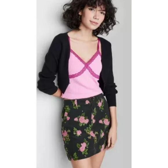 Wild Fable Black Floral High-Rise Cord Mini Skirt - 12 NWT - Picture 1 of 14